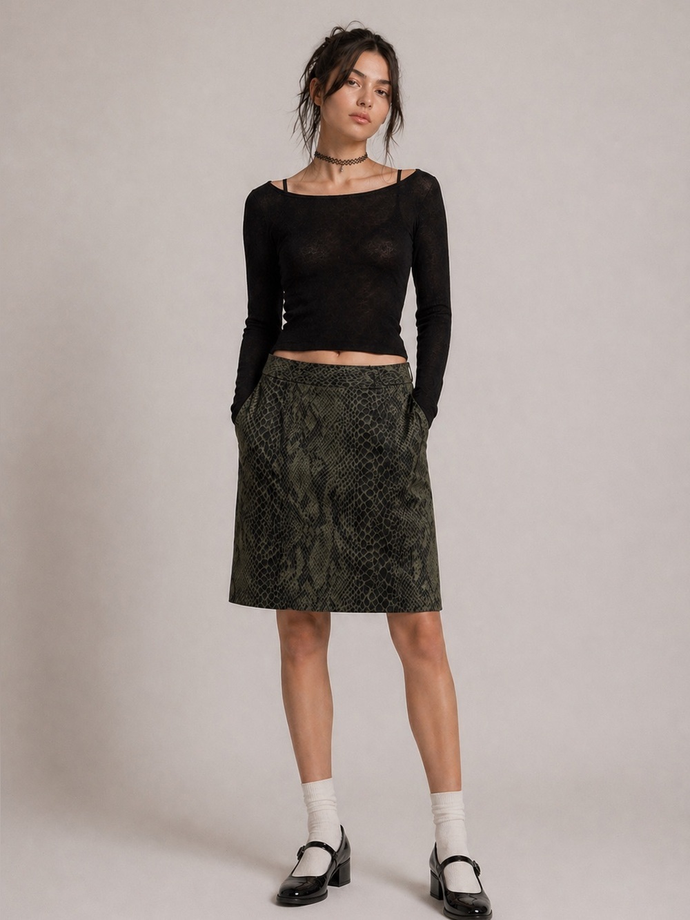 Vintage 90's Posé Olive Snake Print Pencil Skirt